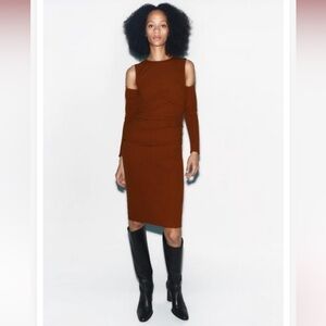 NWOT Zara Cinnamon ruched shoulder cutout dress